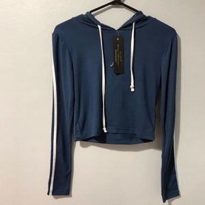 NEW Feathers Blue White Cropped Hoodie Size L